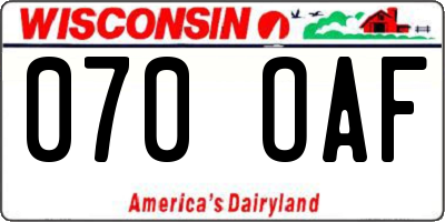 WI license plate 070OAF