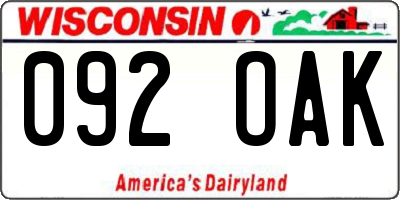 WI license plate 092OAK