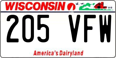 WI license plate 205VFW