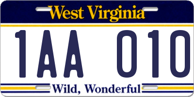 WV license plate 1AA010