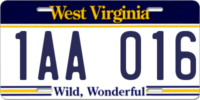 WV license plate 1AA016