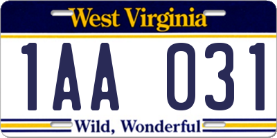 WV license plate 1AA031