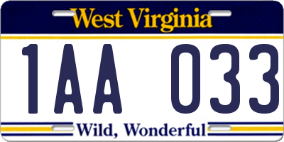 WV license plate 1AA033