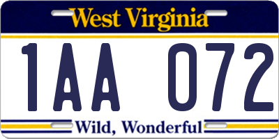 WV license plate 1AA072