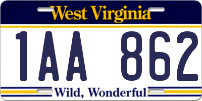 WV license plate 1AA862