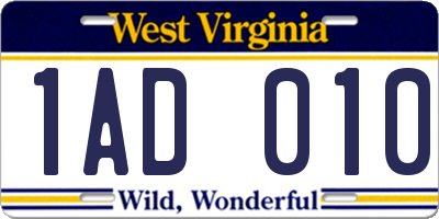 WV license plate 1AD010