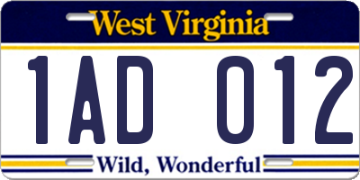 WV license plate 1AD012