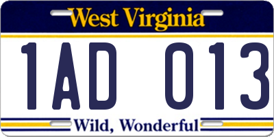 WV license plate 1AD013