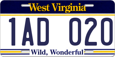 WV license plate 1AD020