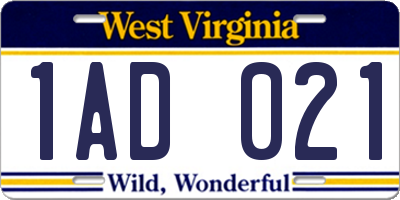 WV license plate 1AD021