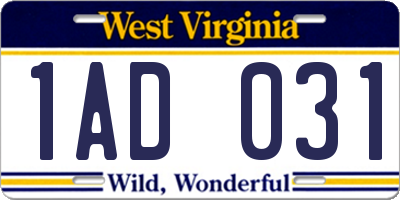 WV license plate 1AD031