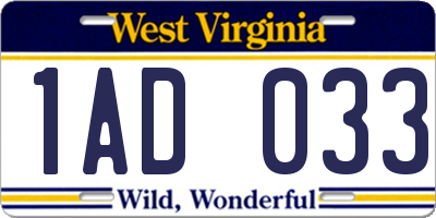 WV license plate 1AD033