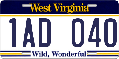 WV license plate 1AD040
