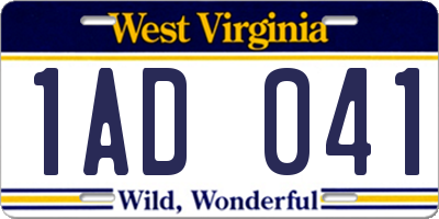 WV license plate 1AD041