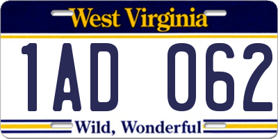 WV license plate 1AD062