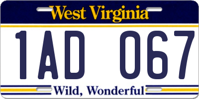 WV license plate 1AD067