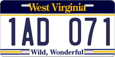 WV license plate 1AD071