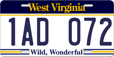 WV license plate 1AD072