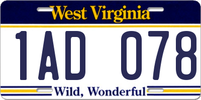 WV license plate 1AD078