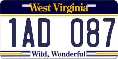 WV license plate 1AD087