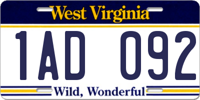 WV license plate 1AD092