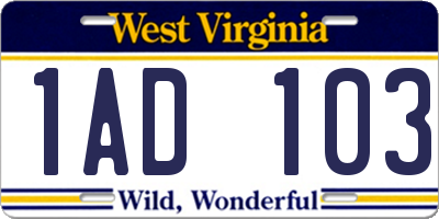 WV license plate 1AD103