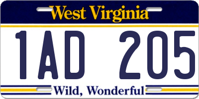 WV license plate 1AD205