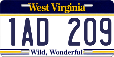 WV license plate 1AD209