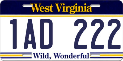 WV license plate 1AD222