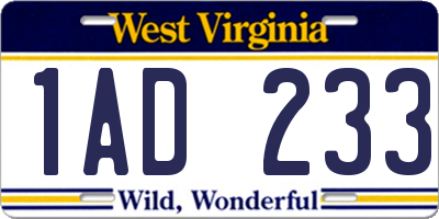 WV license plate 1AD233