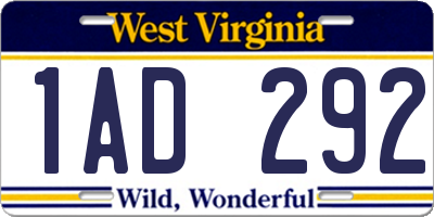 WV license plate 1AD292