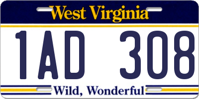 WV license plate 1AD308