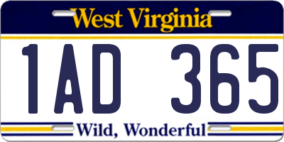 WV license plate 1AD365