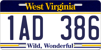 WV license plate 1AD386