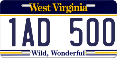 WV license plate 1AD500