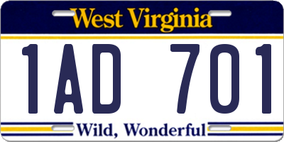 WV license plate 1AD701