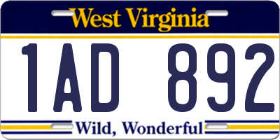 WV license plate 1AD892