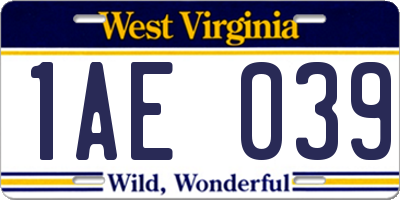 WV license plate 1AE039