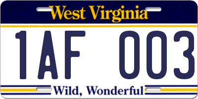 WV license plate 1AF003