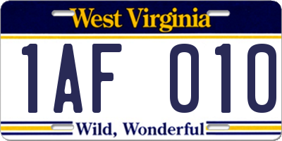 WV license plate 1AF010