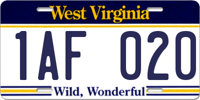 WV license plate 1AF020