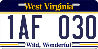 WV license plate 1AF030