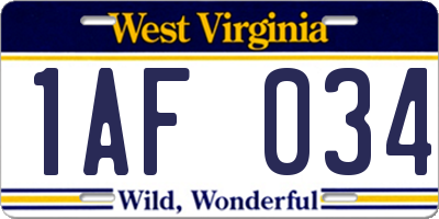 WV license plate 1AF034