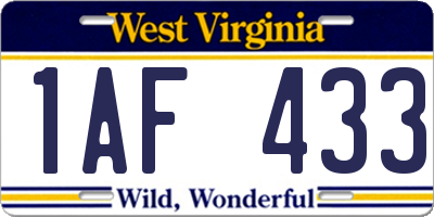 WV license plate 1AF433