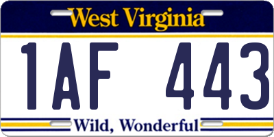 WV license plate 1AF443