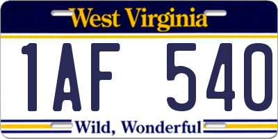 WV license plate 1AF540