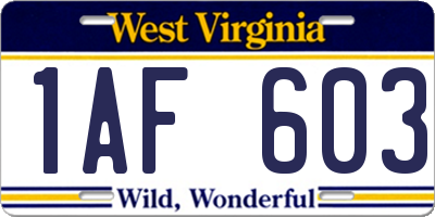 WV license plate 1AF603