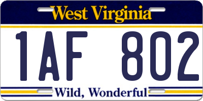 WV license plate 1AF802