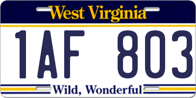 WV license plate 1AF803