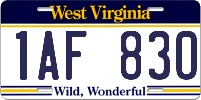 WV license plate 1AF830